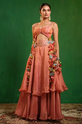 Peach pink embroidered tissue silk skirt set