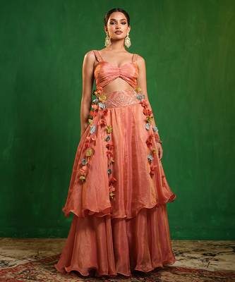 Peach pink embroidered tissue silk skirt set 3