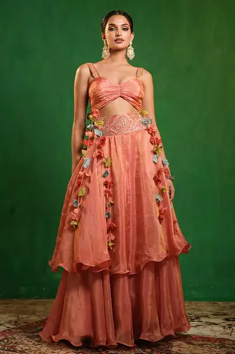 Peach pink embroidered tissue silk skirt set