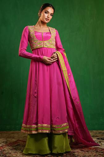 Fuchsia pink green embroidered crepe and glass organza anarkali set