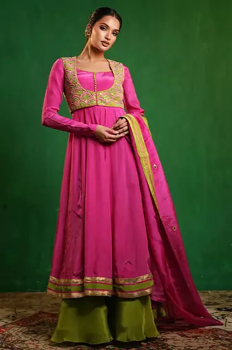 Fuchsia pink green embroidered crepe and glass organza anarkali set