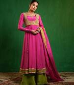 Fuchsia pink green embroidered crepe and glass organza anarkali set