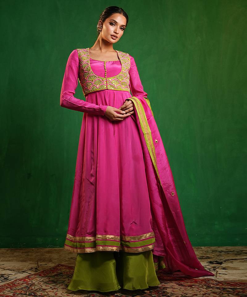 Fuchsia pink green embroidered crepe and glass organza anarkali set