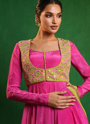 Fuchsia pink green embroidered crepe and glass organza anarkali set 2