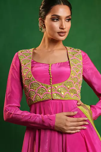 Fuchsia pink green embroidered crepe and glass organza anarkali set