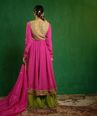 Fuchsia pink green embroidered crepe and glass organza anarkali set 3