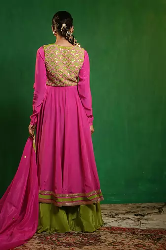 Fuchsia pink green embroidered crepe and glass organza anarkali set