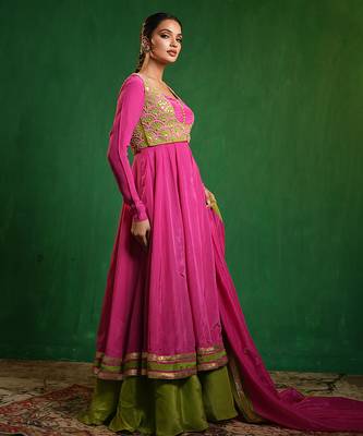 Fuchsia pink green embroidered crepe and glass organza anarkali set 4