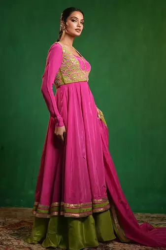 Fuchsia pink green embroidered crepe and glass organza anarkali set