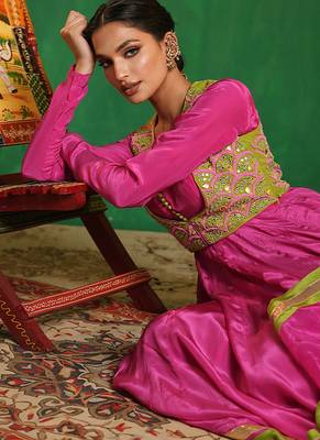 Fuchsia pink green embroidered crepe and glass organza anarkali set 5