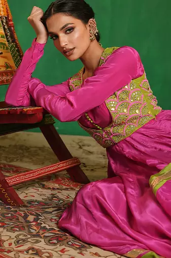 Fuchsia pink green embroidered crepe and glass organza anarkali set