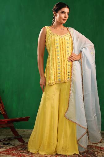 Pastel yellow embroidered crepe and glass organza kurta set