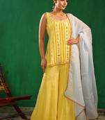 Pastel yellow embroidered crepe and glass organza kurta set