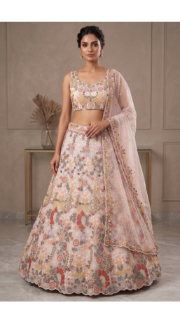  Net Lehenga Choli with Heavy Floral Embroidery & Dupatta 1