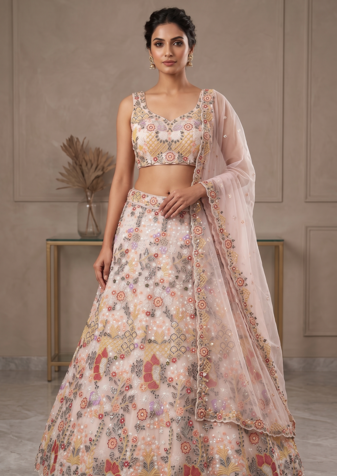  Net Lehenga Choli with Heavy Floral Embroidery & Dupatta