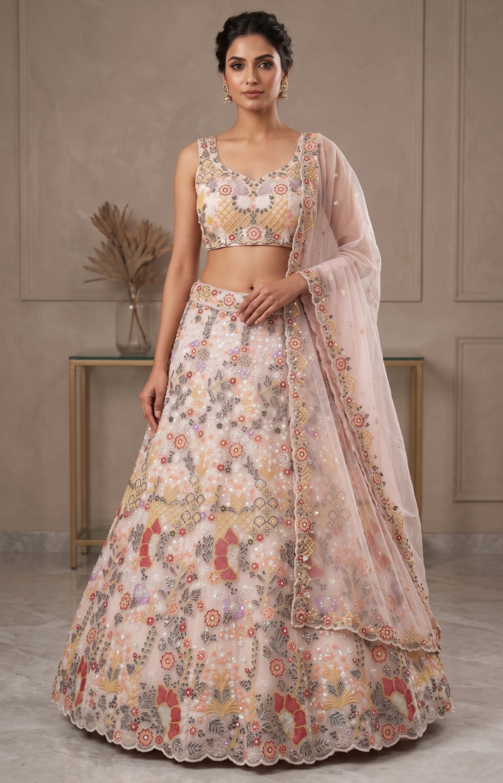  Net Lehenga Choli with Heavy Floral Embroidery & Dupatta