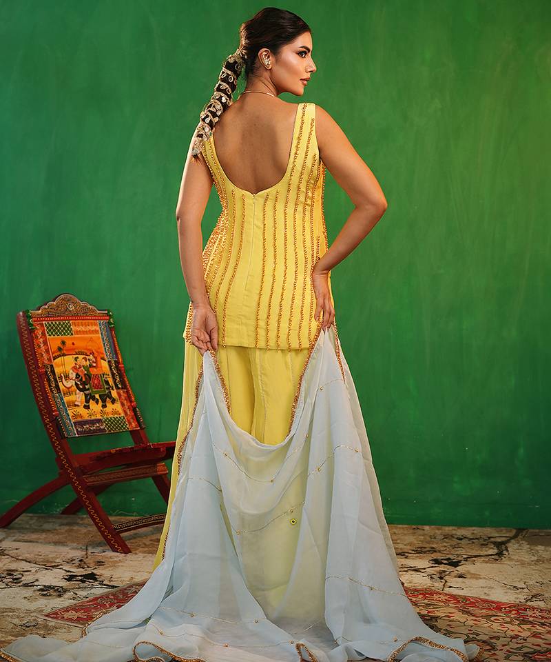 Pastel yellow embroidered crepe and glass organza kurta set