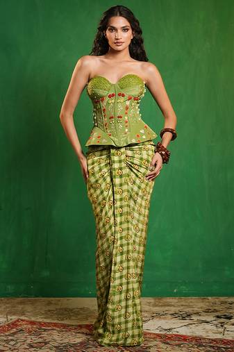 Green printed crepe corset skirt set
