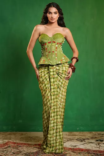 Green printed crepe corset skirt set