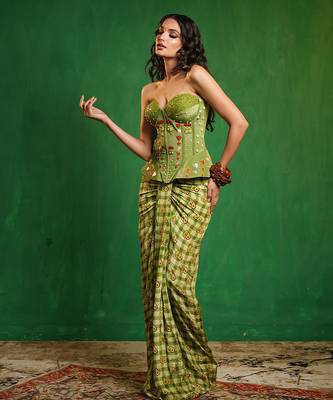 Green printed crepe corset skirt set 2