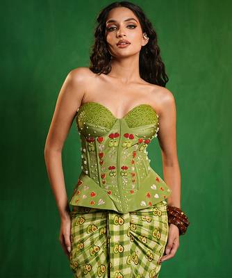 Green printed crepe corset skirt set 4