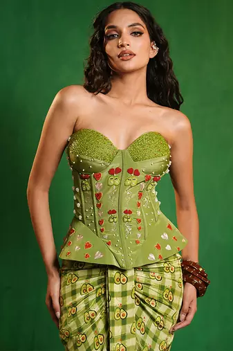 Green printed crepe corset skirt set