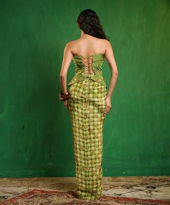 Green printed crepe corset skirt set 5