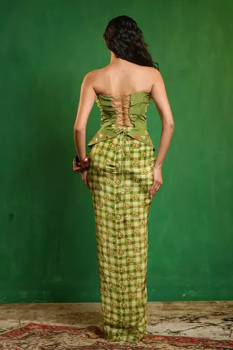 Green printed crepe corset skirt set