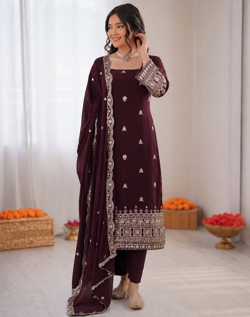 Deep wine georgette thread with sequence salwar suit