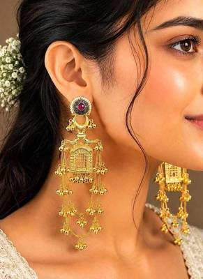 Long Indian Gold Earrings, Temple Chandelier Earrings, Red Stone Bridal Earrings 1
