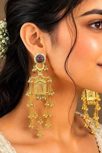 Long Indian Gold Earrings, Temple Chandelier Earrings, Red Stone Bridal Earrings