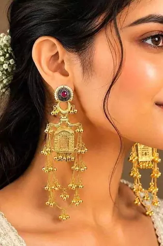 Long Indian Gold Earrings, Temple Chandelier Earrings, Red Stone Bridal Earrings