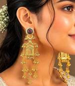 Long Indian Gold Earrings, Temple Chandelier Earrings, Red Stone Bridal Earrings