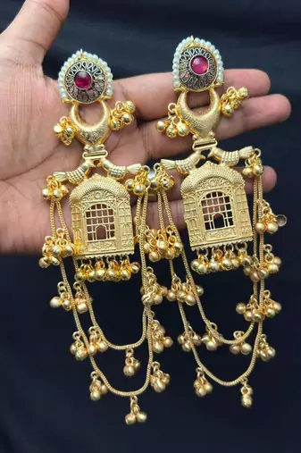 Long Indian Gold Earrings, Temple Chandelier Earrings, Red Stone Bridal Earrings