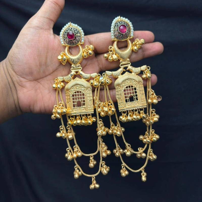 Long Indian Gold Earrings, Temple Chandelier Earrings, Red Stone Bridal Earrings