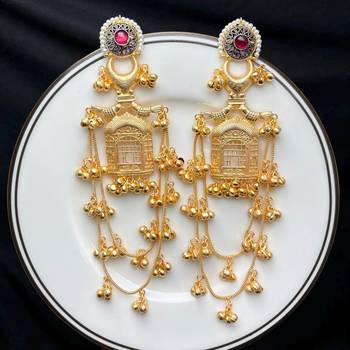 Long Indian Gold Earrings, Temple Chandelier Earrings, Red Stone Bridal Earrings 3