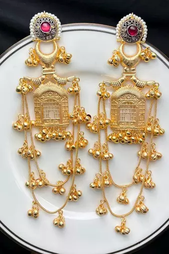 Long Indian Gold Earrings, Temple Chandelier Earrings, Red Stone Bridal Earrings