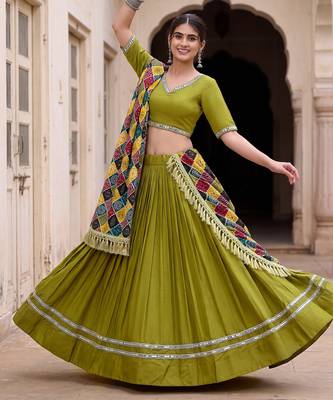 PARROT GREEN RAYON PARTY WEAR EMBROIDERY LEHENGA CHOLI 1