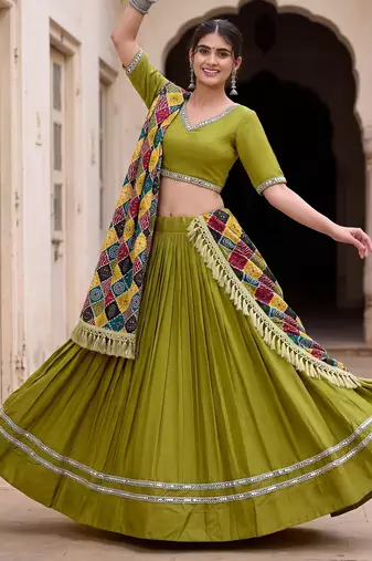 PARROT GREEN RAYON PARTY WEAR EMBROIDERY LEHENGA CHOLI