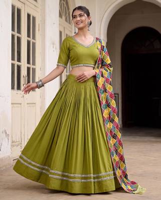 PARROT GREEN RAYON PARTY WEAR EMBROIDERY LEHENGA CHOLI 2