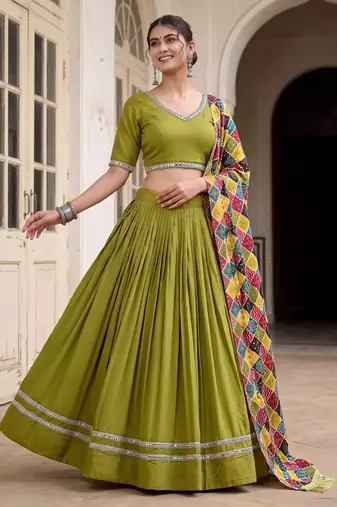 PARROT GREEN RAYON PARTY WEAR EMBROIDERY LEHENGA CHOLI