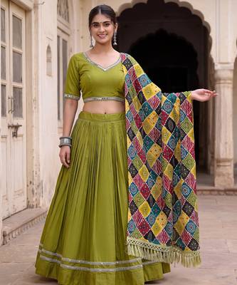 PARROT GREEN RAYON PARTY WEAR EMBROIDERY LEHENGA CHOLI 3