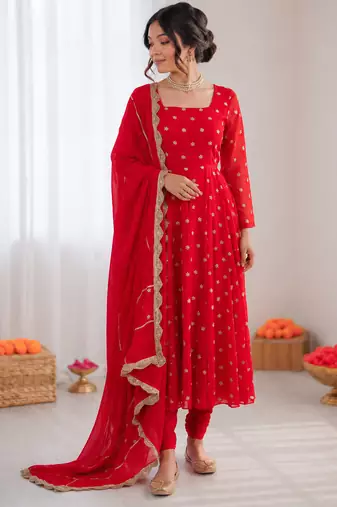 Red chinon silk thread with sequence anarkali suit