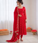 Red chinon silk thread with sequence anarkali suit