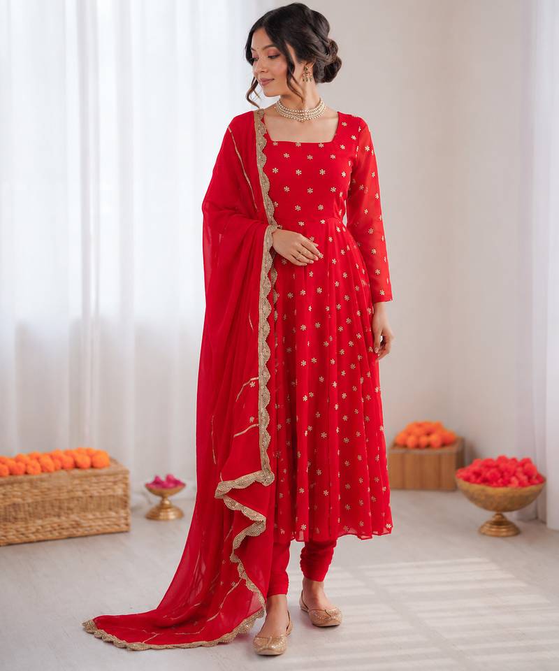 Red chinon silk thread with sequence anarkali suit