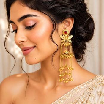 Long Gold Jhumka Earrings, Kashmiri Long chain Ghungroo Floral Chandelier Earrings, 1