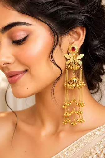 Long Gold Jhumka Earrings, Kashmiri Long chain Ghungroo Floral Chandelier Earrings,