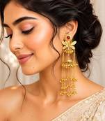 Long Gold Jhumka Earrings, Kashmiri Long chain Ghungroo Floral Chandelier Earrings,