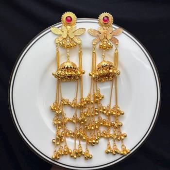Long Gold Jhumka Earrings, Kashmiri Long chain Ghungroo Floral Chandelier Earrings, 2
