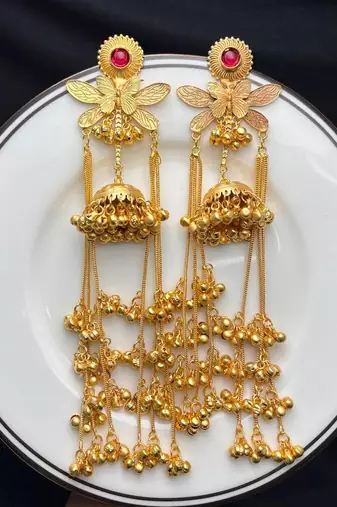 Long Gold Jhumka Earrings, Kashmiri Long chain Ghungroo Floral Chandelier Earrings,